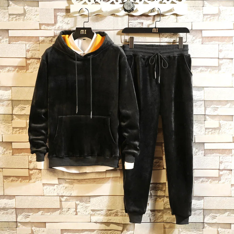 Men's Winter Warm Suit New Leisure Gold Velvet Hoodies with Pants Two Piece Double-Dided Velvet Tracksuit