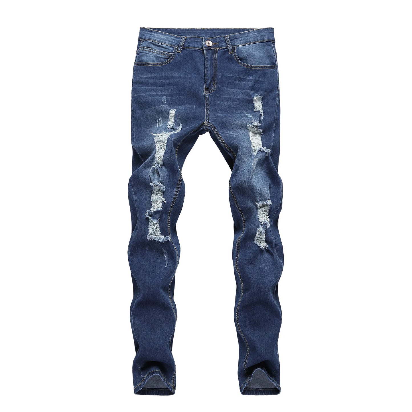 Men Jeans Skinny Ripped Denim Gray Blue Hole with Pocket Button Down Pencil Trousers New Fashion Male Streetwear