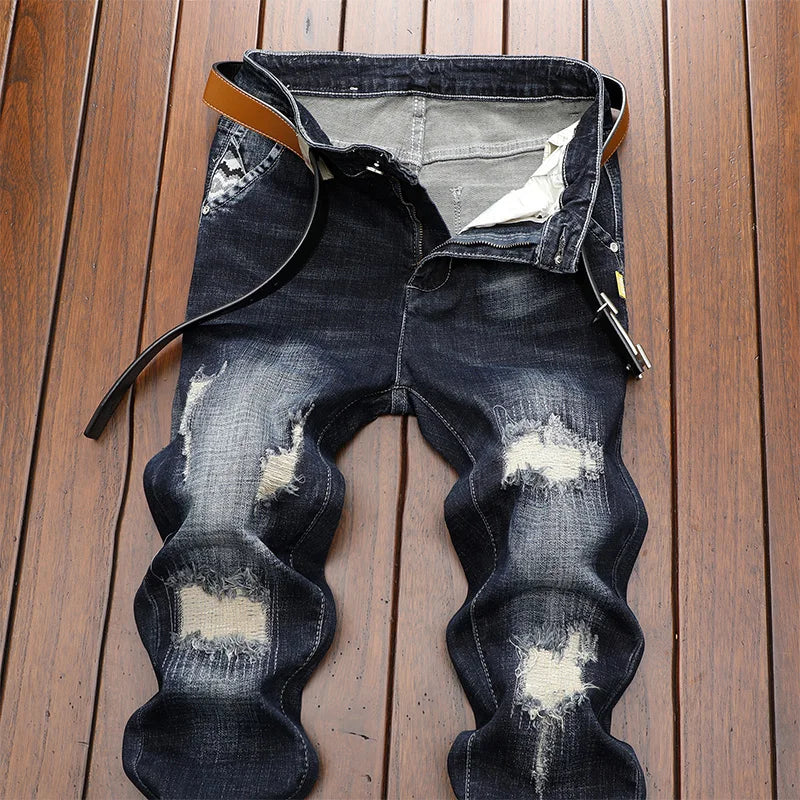 Jean Homme Men Jeans Ripped Denim Pants Trend Brand Trousers For Men Streetwear Simple Design Man Motorcycle Biker Destroyed
