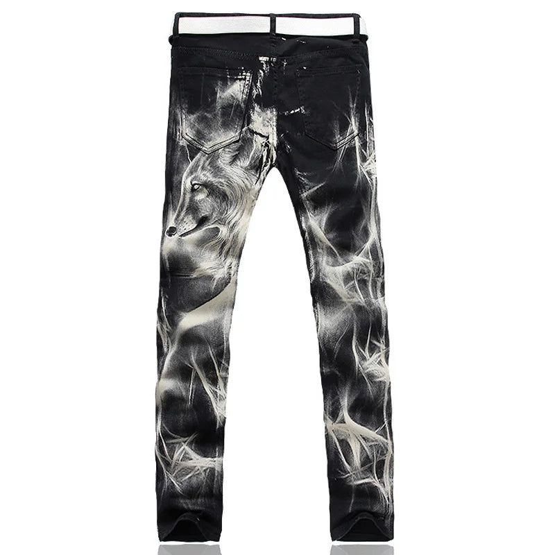 New Men's fashion wolf  printed jeans men slim straight Black stretch jeans high quality designer pants nightclubs singers