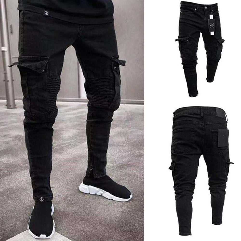 Fashion Streetwear Ripped Skinny Jeans Men Side Mulit Pockets Denim Cargo Pants Slim Fit Pantalones Hombre Soft Elastic Joggers
