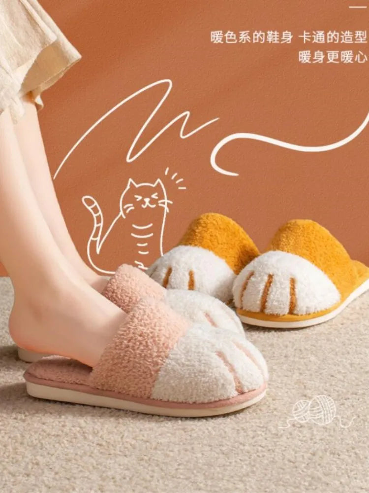 New Winter Warm Plush Slippers Cute Cat Paw Designer House Women Fur Slippers Floor Mute Bedroom Lovers Indoor Fluffy Shoes