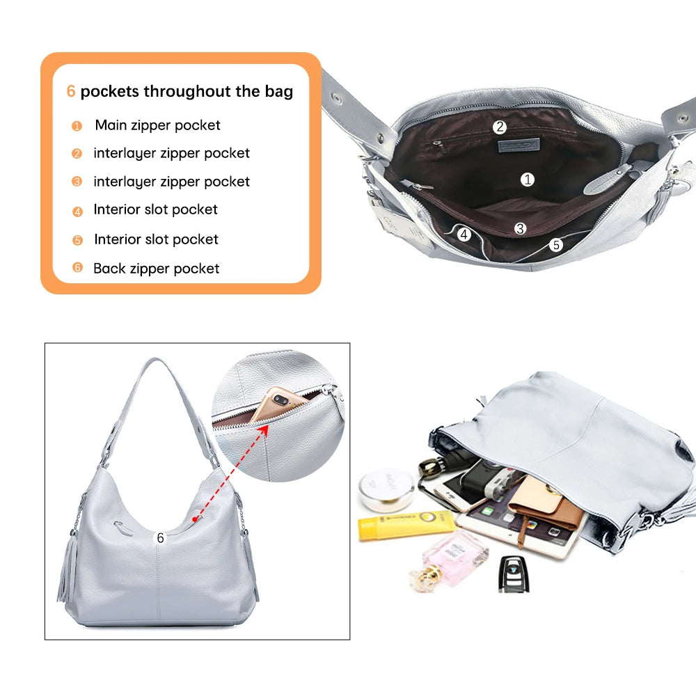 Zency Women Genuine Leather Handbag Black Off White 2023 Casual Shoulder Bag Elegant Brown Crossbody Hobo Bag For Shopper Bolsa