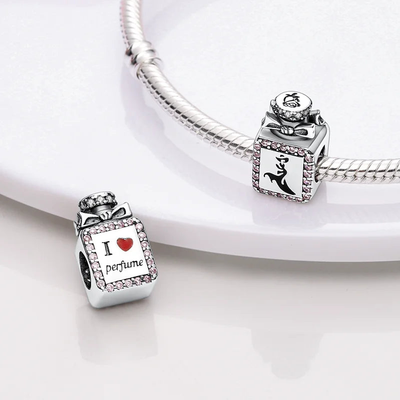Original S925 Silver Romantic Pink Crown Perfume Bottle Charms Beads Fit Qikaola Bracelets Fine DIY Jewelry Valentine's Day Gift
