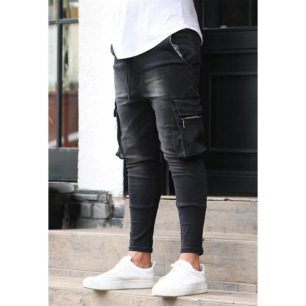 Fashion Streetwear Ripped Skinny Jeans Men Side Mulit Pockets Denim Cargo Pants Slim Fit Pantalones Hombre Soft Elastic Joggers