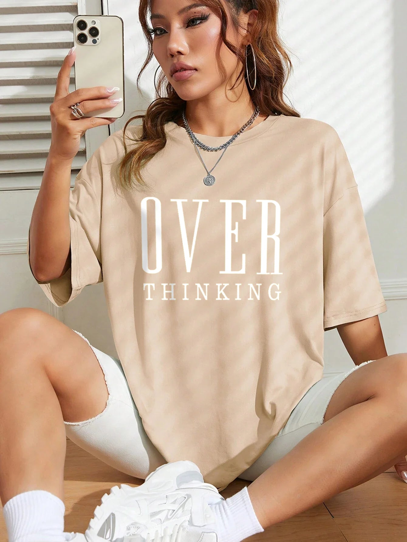 Over Thinking Letter Print Women Cotton Short Sleeve Breathable Vintage O-Neck Tops All-math Casual T-Shirts Female Tee Clothing