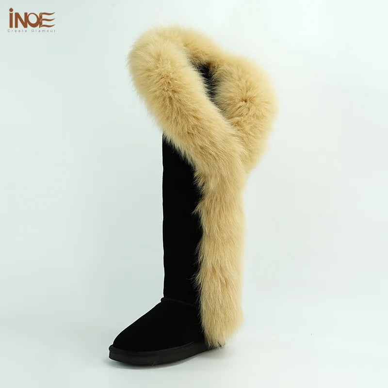INOE Fashion Fox Fur Botas Real Cow Suede Leather Over The Knee Long Winter Snow Boots for Women Thigh Warm Shoes Black Brown