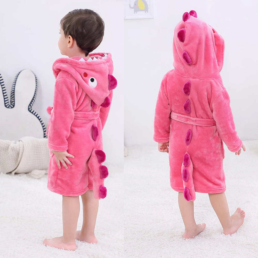 LOlanta Kids Plush Hooded Bathrobe Dinosaur Flannel Fleece Robe for Boys Girls Sleepwear Dressing Gown Gift
