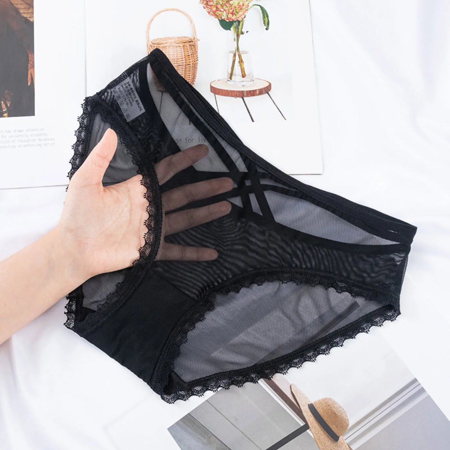 Plus Size Black Lace Hollow Out Lingerie Sexy Perspective Mid-waist Briefs Underwear Seamless Strap Breathable Panties Knicker