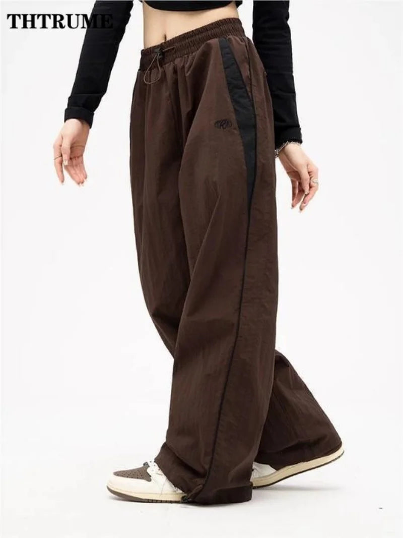 Harajuku Vintage Baggy Pants For Women Fashion Striped Print Pocket Elastic Waist Cargo Trousers Casual Streetwear Wide Leg Pant
