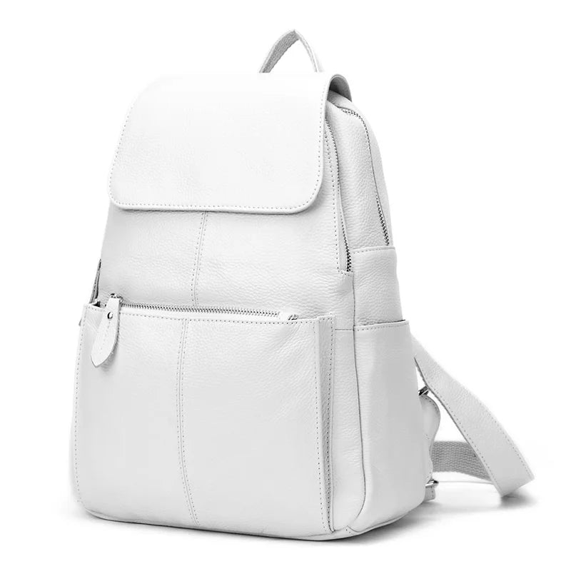 Excellent 100% Genuine Leather Beige White Yellow Silver Women Backpack Top Layer Cowhide School Book Shopping Bag Knapsack