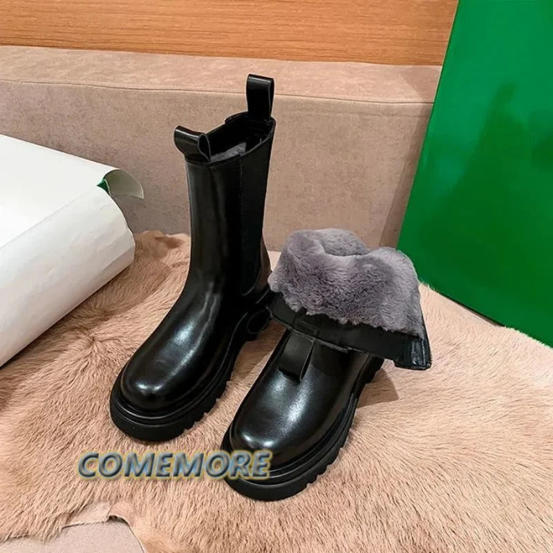 Lady Fur Boots Women's Winter Shoes Chelsea Boots Black Leather Boots Plush Warm Platform Chunky Footwear Fashion Designer Botas