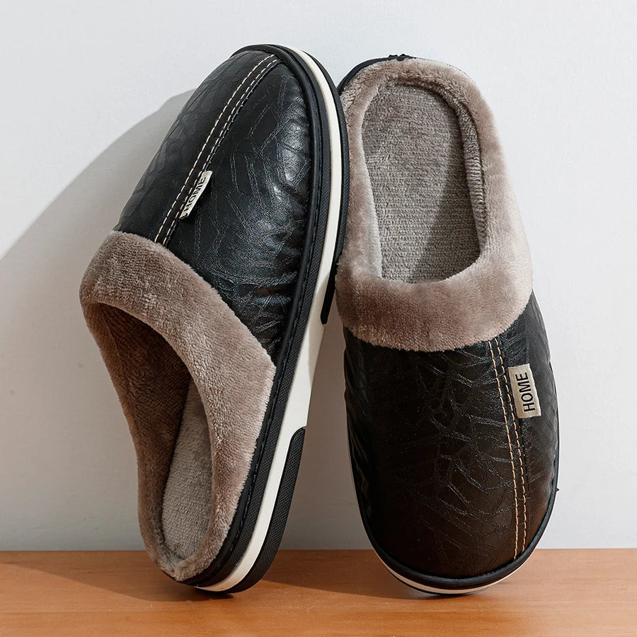 Big Size Men's slippers Winter Indoor Waterproof PU Leather Large Sizes Home Cotton shoes Fur Flat Cotton Bedroom Houseshoes