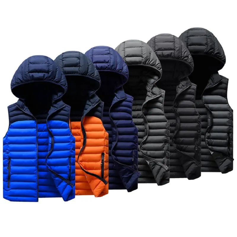 Mens Winter Sleeveless Jacket Men Down Vest Mens Warm Thick Hooded Coats Male Cotton-Padded Work Waistcoat Gilet Homme Vest