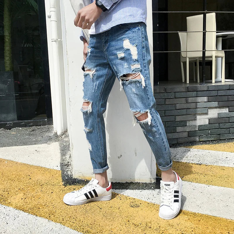 Top Quality 2022 Distressed Beggar Jeans Male Giant Ripped Hole Handsome Male Feet Hip Hop Streetweat Cowboy Harem Pants Men
