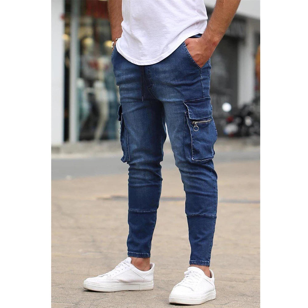 Fashion Streetwear Ripped Skinny Jeans Men Side Mulit Pockets Denim Cargo Pants Slim Fit Pantalones Hombre Soft Elastic Joggers