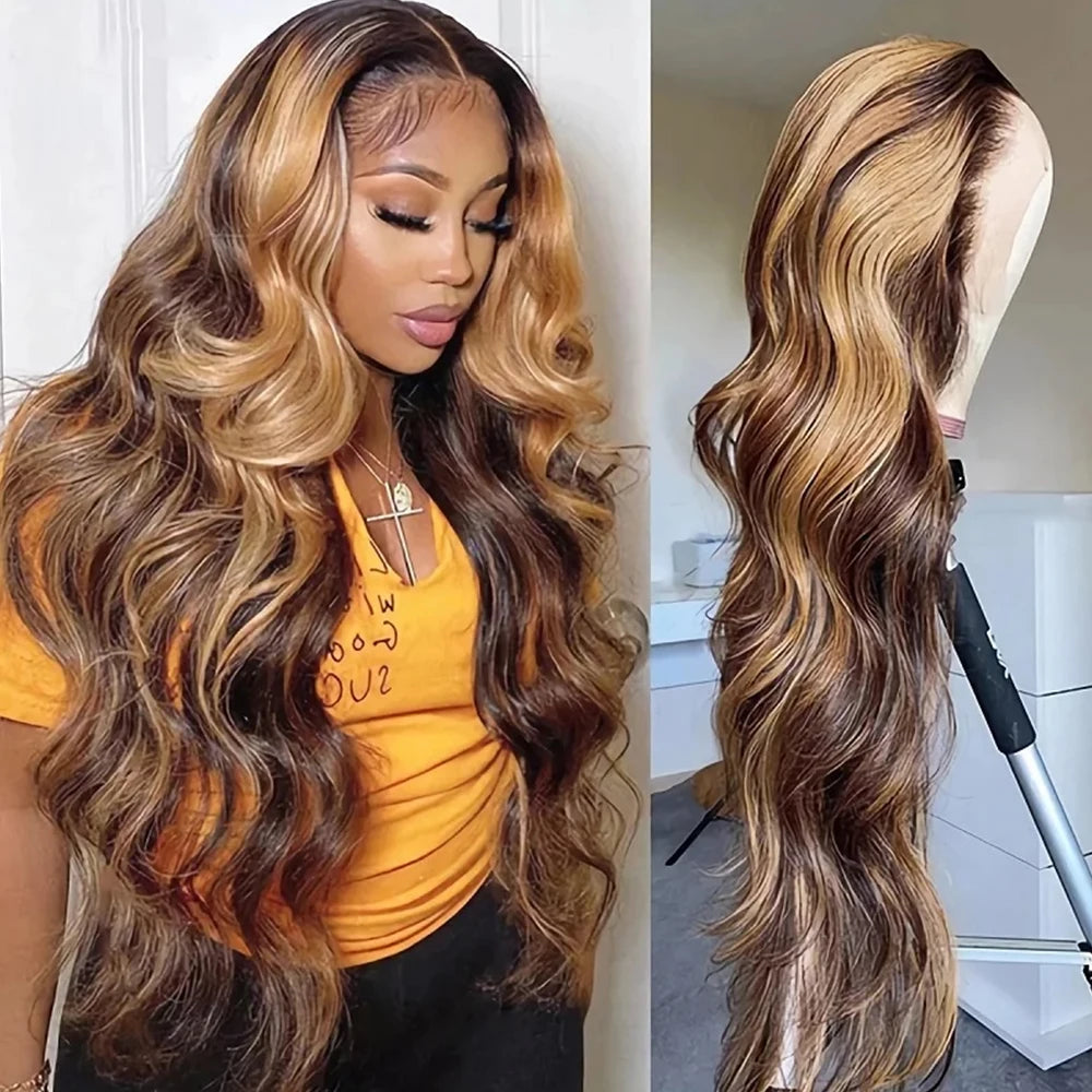 13x6 4/27 Highlight Body Wave HD Lace Frontal Wig 30 inch Curly 13x4 Transparent Lace Front Human Hair Lace Closure Wig