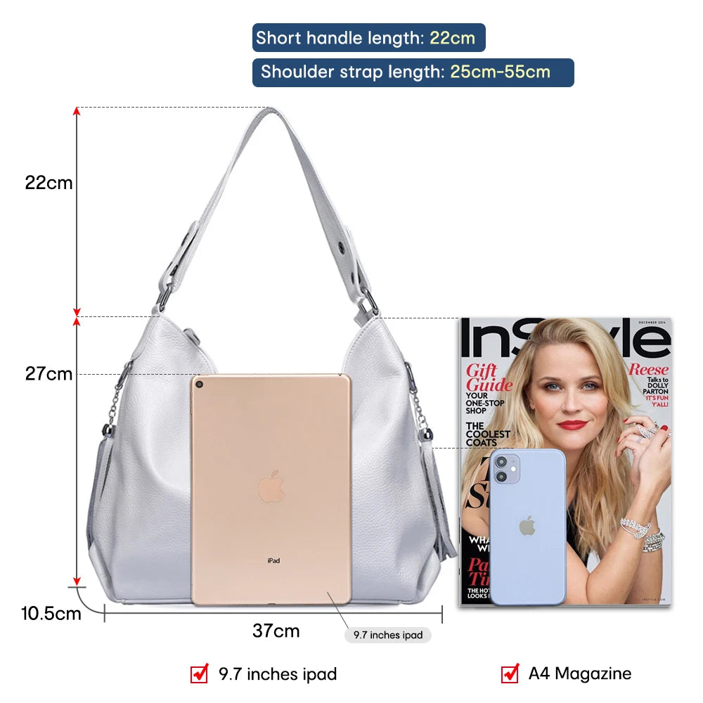 Zency Women Genuine Leather Handbag Black Off White 2023 Casual Shoulder Bag Elegant Brown Crossbody Hobo Bag For Shopper Bolsa