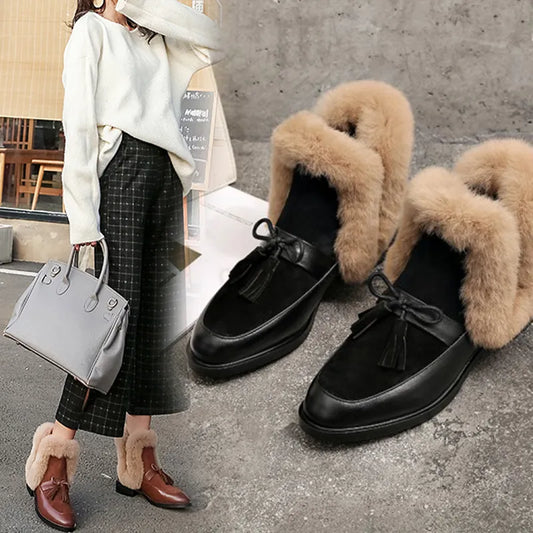2020 winter women's ankle boots round toe low heel short plush warm women boots bowknot genuine leather women's shoes