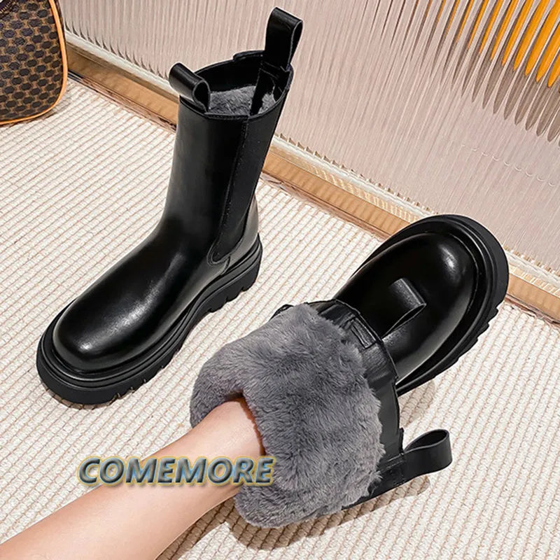 Lady Fur Boots Women's Winter Shoes Chelsea Boots Black Leather Boots Plush Warm Platform Chunky Footwear Fashion Designer Botas