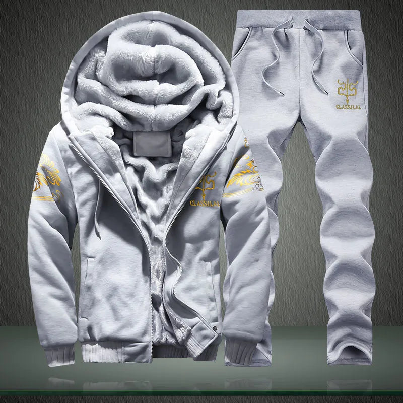 Winter Inner Fleece Hoodies Men 2023 Casual Hooded Warm Sweatshirts Male Thicken Tracksuit 2PC Jacket+Pant Men Moleton Masculino
