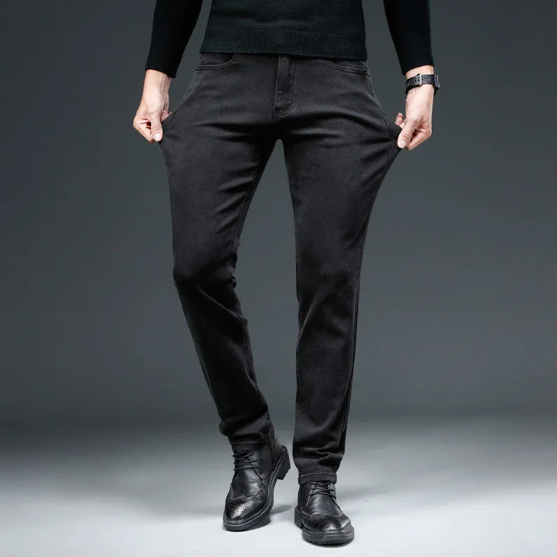 Black Grey Brands Jeans Trousers Men Clothes  Elasticity Slim Jeans Business Casual Male Denim Slim Pants Classic Style