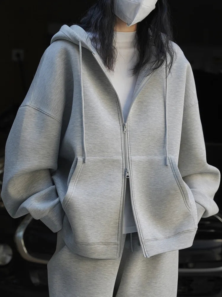 [LANMREM] Minimalism Solid Hooded Cardigan Sweatshirt For Women Drawstring Zipper Long Sleeve Loose Jackets 2025 Autumn New