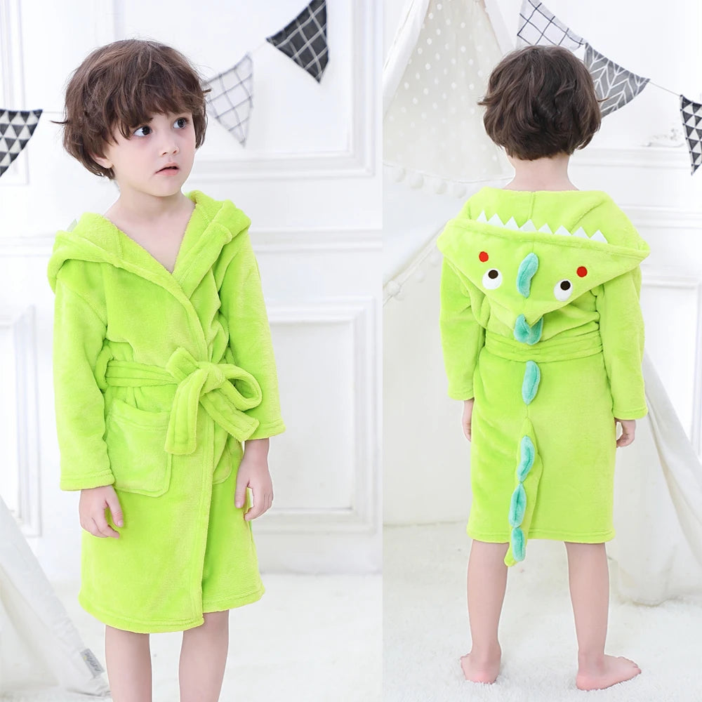 LOlanta Kids Plush Hooded Bathrobe Dinosaur Flannel Fleece Robe for Boys Girls Sleepwear Dressing Gown Gift