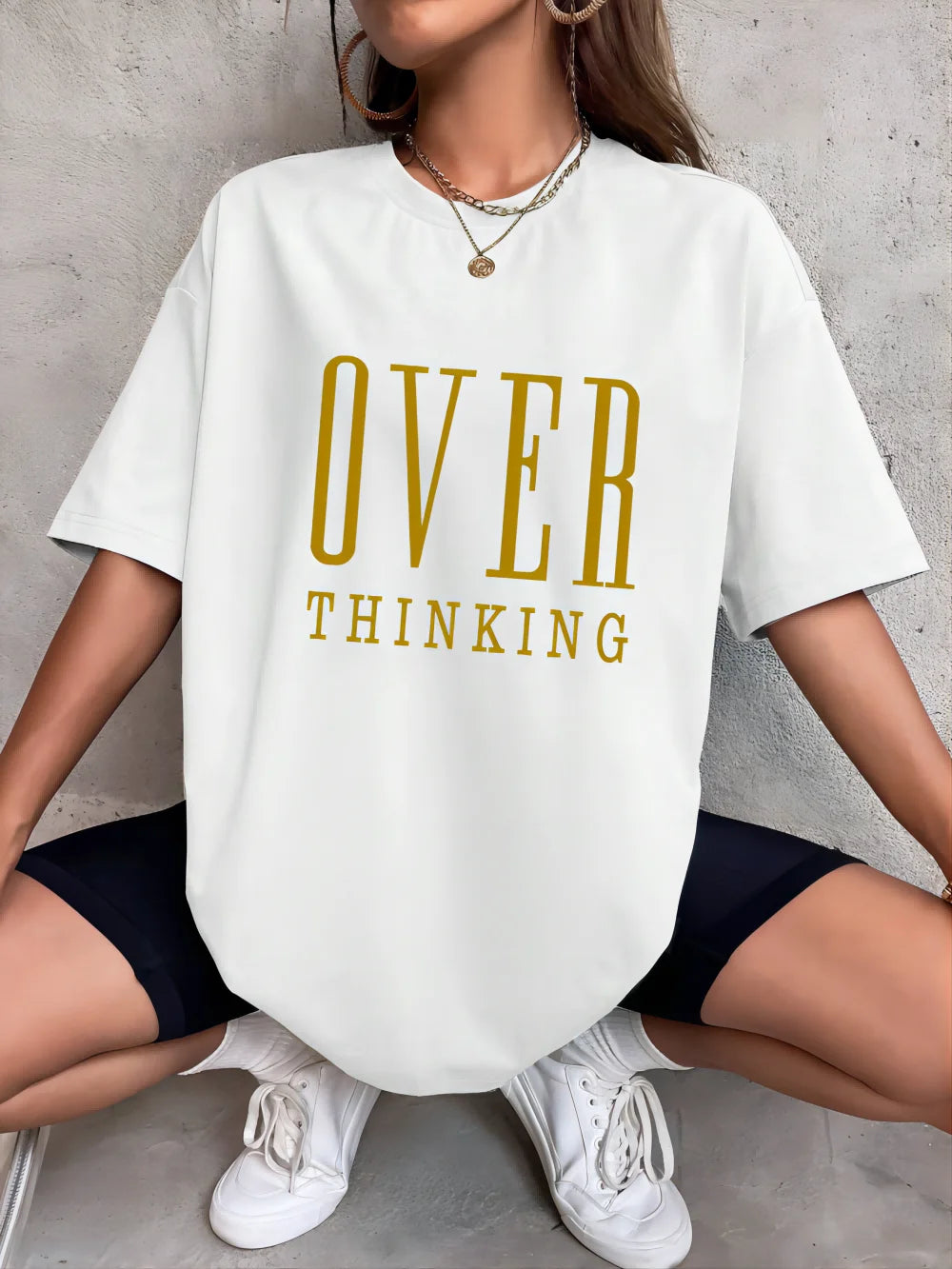 Over Thinking Letter Print Women Cotton Short Sleeve Breathable Vintage O-Neck Tops All-math Casual T-Shirts Female Tee Clothing