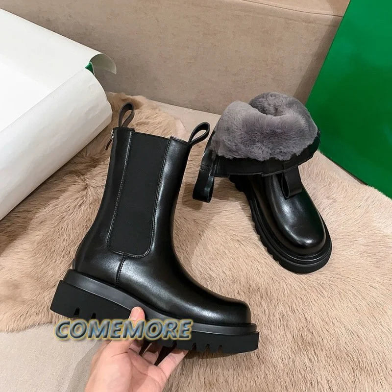 Lady Fur Boots Women's Winter Shoes Chelsea Boots Black Leather Boots Plush Warm Platform Chunky Footwear Fashion Designer Botas