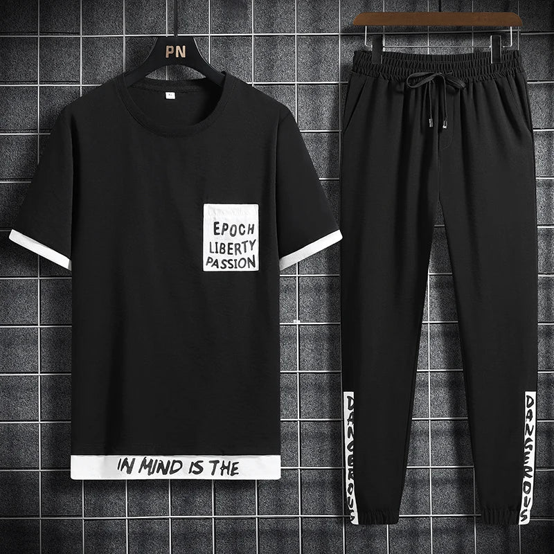 Men's Sets Hip hop Clothes Streetwear Spring Summer Outfit Male T-shirt + Pants Two Pieces Fashion Set Casual Pullover Plus Size