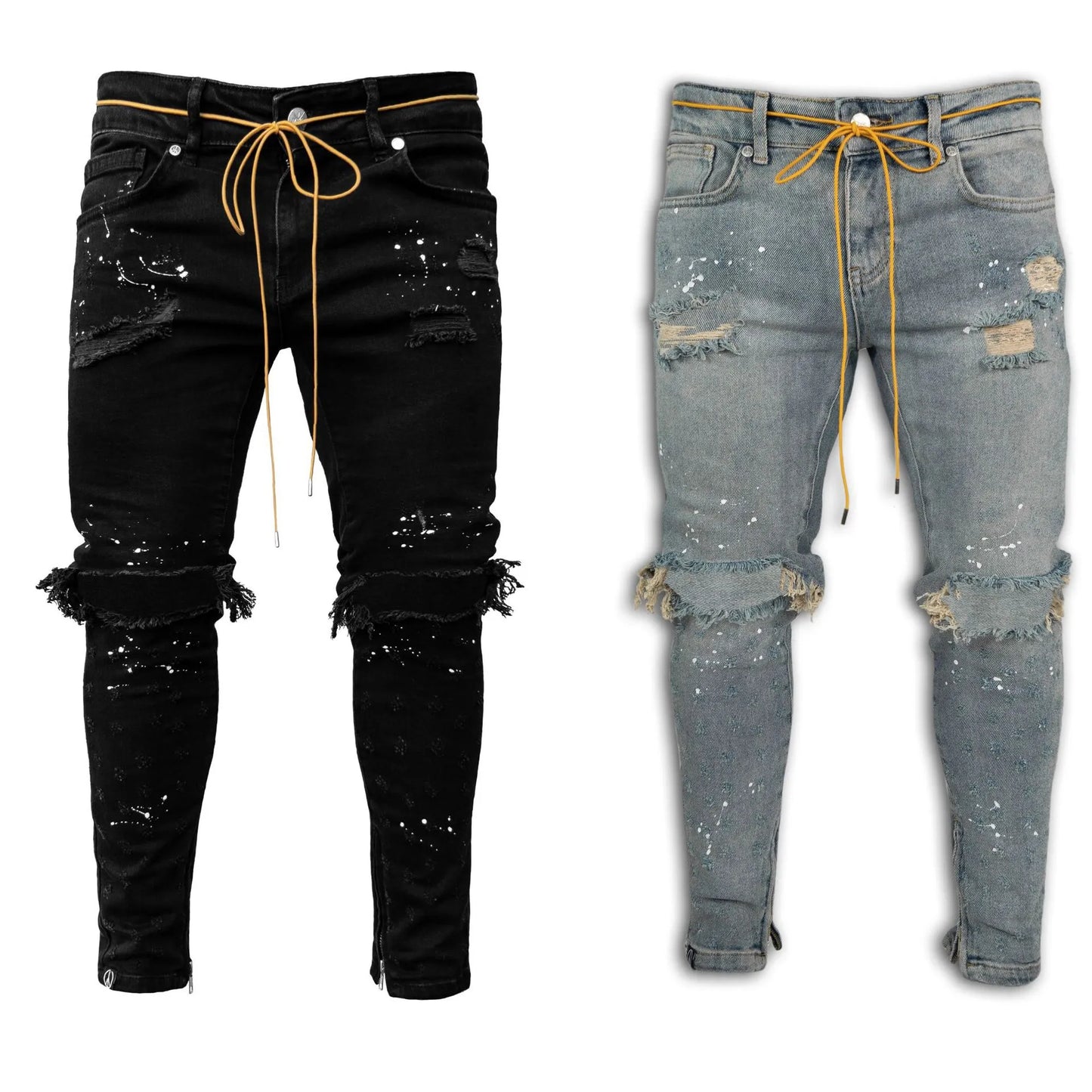Men Jeans Stretch Destroyed Ripped Paint point Design Fashion Ankle Zipper Skinny Jeans For Men