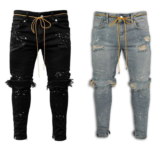 Men Jeans Stretch Destroyed Ripped Paint point Design Fashion Ankle Zipper Skinny Jeans For Men