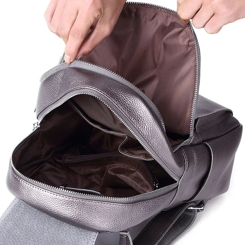 Excellent 100% Genuine Leather Beige White Yellow Silver Women Backpack Top Layer Cowhide School Book Shopping Bag Knapsack