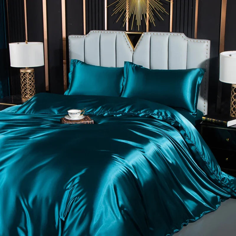 Solid Silk Bedding Set with Duvet Cover Fitted/Flat Bed Sheet Pillowcase Luxury Couple Bedsheet King Queen Double Twin Size