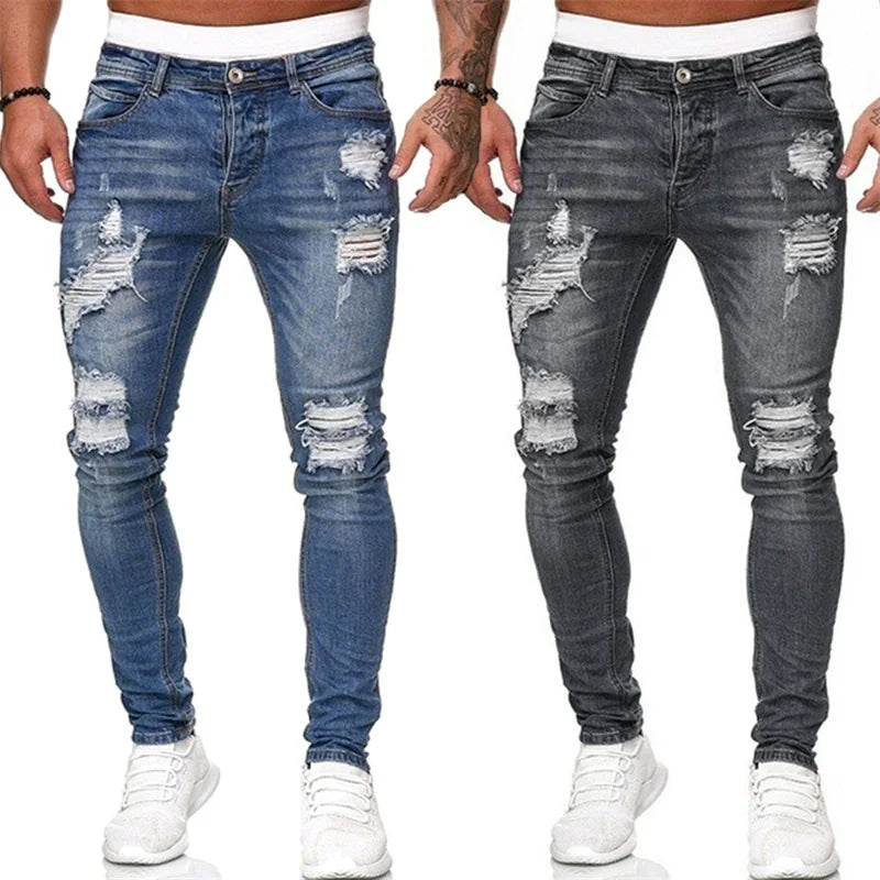 Men Jeans Skinny Ripped Denim Gray Blue Hole with Pocket Button Down Pencil Trousers New Fashion Male Streetwear