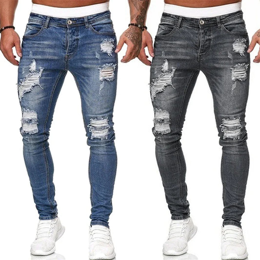 Men Jeans Skinny Ripped Denim Gray Blue Hole with Pocket Button Down Pencil Trousers New Fashion Male Streetwear