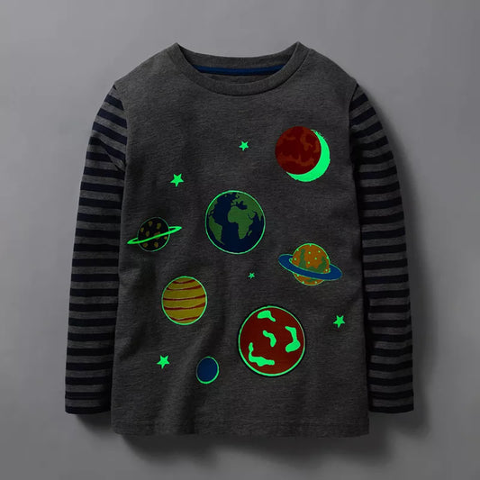 SAILEROAD Children Luminous T-Shirts Kids Boy's Long Sleeved T Shirt Autumn Spring Fashion Boy Planet Tees Infant Boy's Clothing