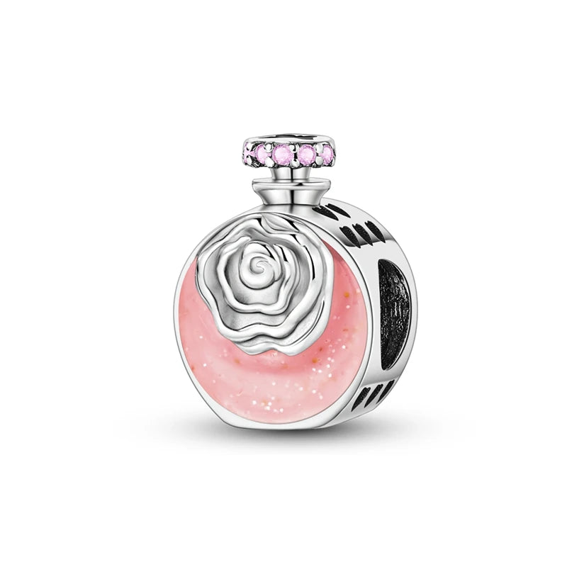 Original S925 Silver Romantic Pink Crown Perfume Bottle Charms Beads Fit Qikaola Bracelets Fine DIY Jewelry Valentine's Day Gift