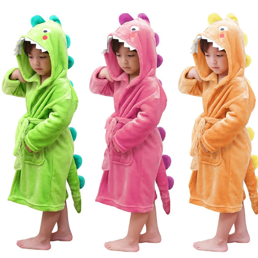 LOlanta Kids Plush Hooded Bathrobe Dinosaur Flannel Fleece Robe for Boys Girls Sleepwear Dressing Gown Gift