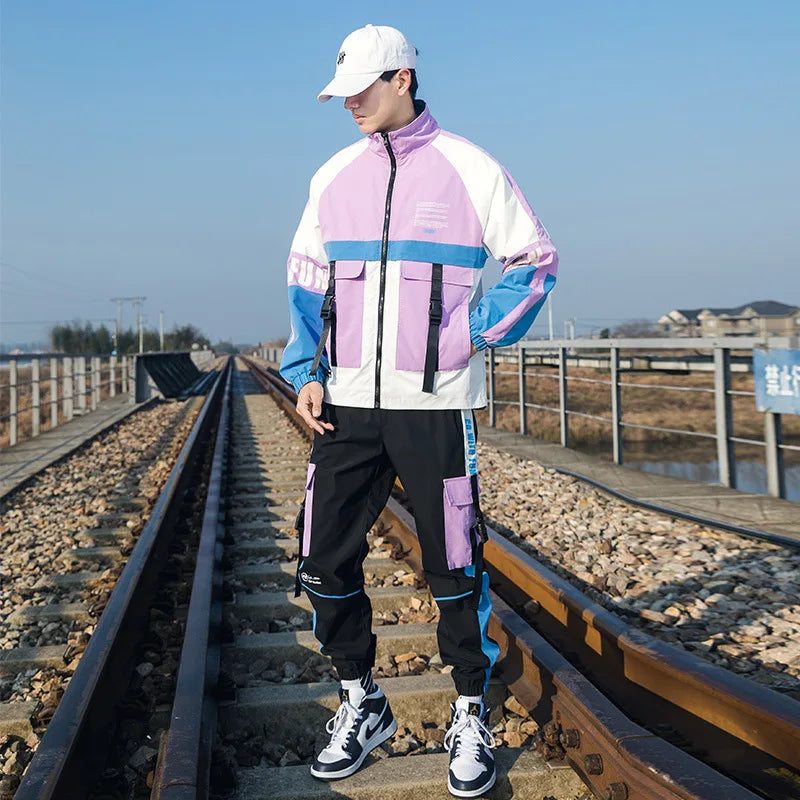 Paneled Contrast Cargo Tracksuit  2 Piece Set  Men Outfit Set  Spring and Autumn Mens Sweat Suits Korean Style Fashion Clothes