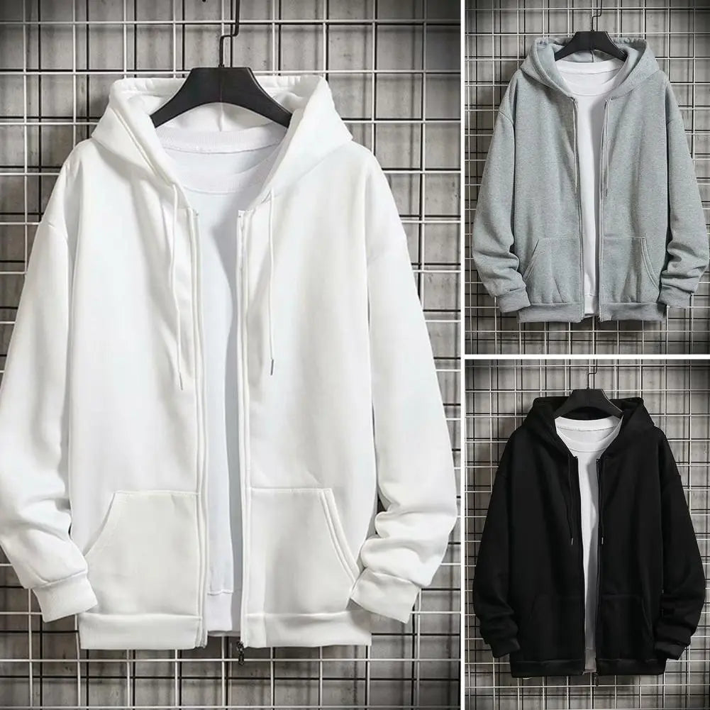 Warm  Chic Pure Color Pocket Winter Coat Zipper Autumn Coat Hat   Men Clothes