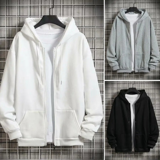 Warm  Chic Pure Color Pocket Winter Coat Zipper Autumn Coat Hat   Men Clothes