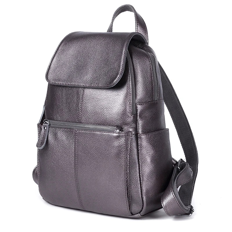 Excellent 100% Genuine Leather Beige White Yellow Silver Women Backpack Top Layer Cowhide School Book Shopping Bag Knapsack