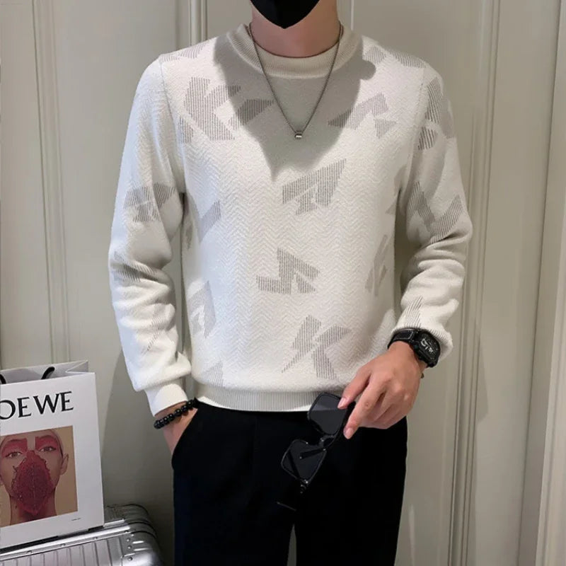 Men's Sweaters Thickened Warm Printed Pullovers Fashion Autumn Winter Slim Round Neck Casual Knit Base Shirt Men Wear Sweaters