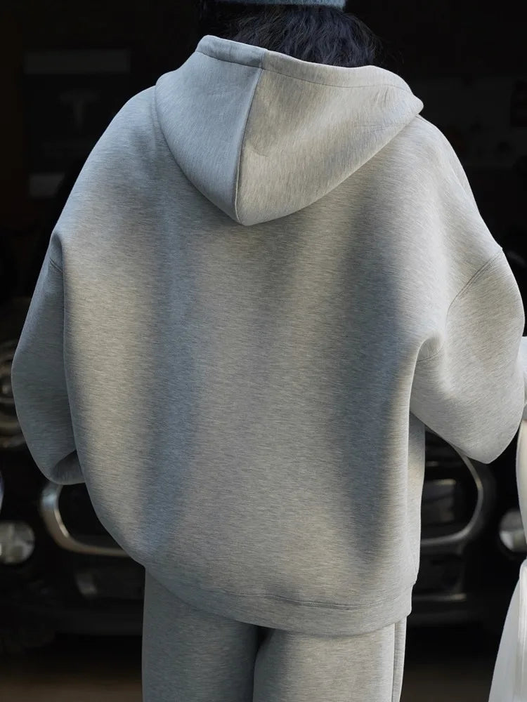 [LANMREM] Minimalism Solid Hooded Cardigan Sweatshirt For Women Drawstring Zipper Long Sleeve Loose Jackets 2025 Autumn New