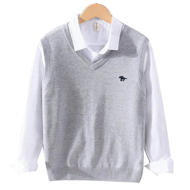 High-quality Pony Vests V-neck Knitted Sweaters Autumn Casual Men Sweaters Pullover Slim Fit 100%Cotton Solid Pullover Plus Size