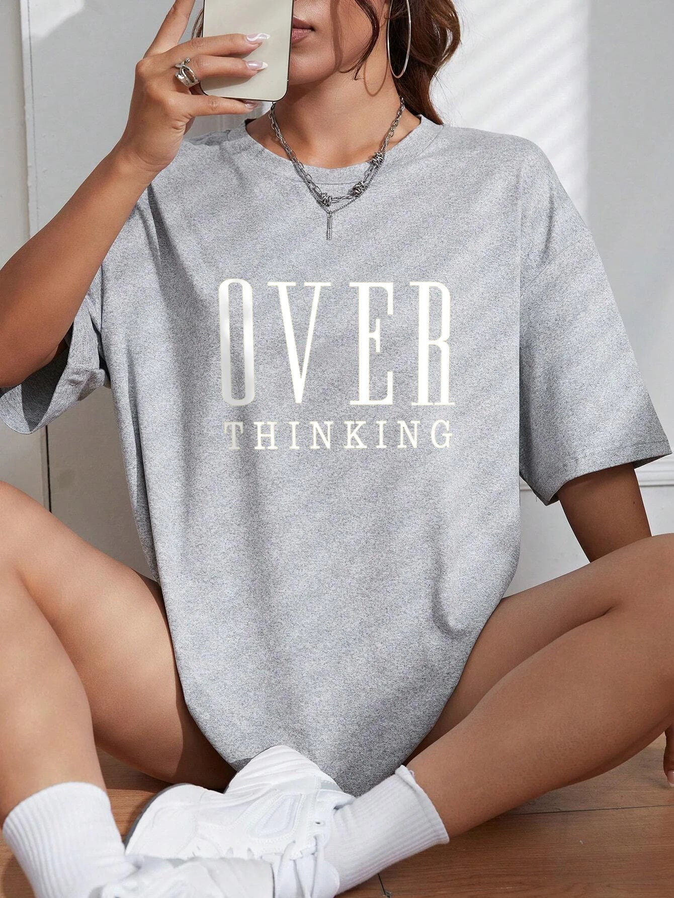 Over Thinking Letter Print Women Cotton Short Sleeve Breathable Vintage O-Neck Tops All-math Casual T-Shirts Female Tee Clothing