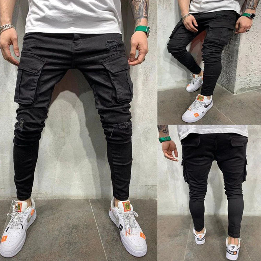Fashion Streetwear Ripped Skinny Jeans Men Side Mulit Pockets Denim Cargo Pants Slim Fit Pantalones Hombre Soft Elastic Joggers