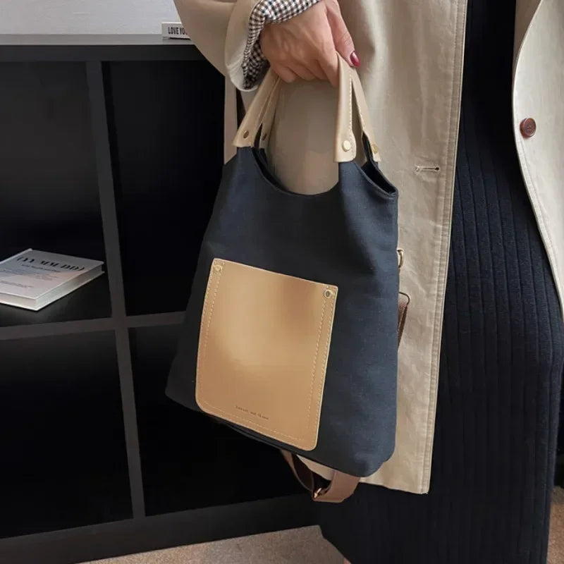 Women's Retro Contrasting Colors Large Capacity Canvas Bucket Bag PU Urban Simplicity One Shoulder Crossbody Hand Bags for Women